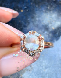 One of a Kind / Rainbow Moonstone Diamond Halo Baguette Ring