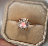 One of a Kind / Cushion Halo Ring - Rainbow Moonstone