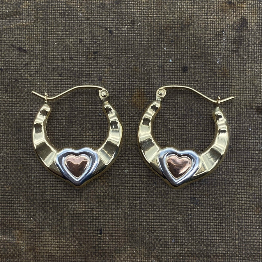 14K Tri-Colored Gold Heart Hoops
