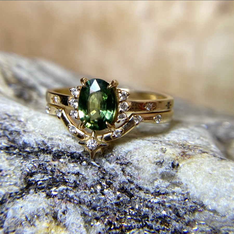 1.26 Carat Green Sapphire and Diamond Engagement Ring and Wedding Band Sets  14K White Gold Antique Vintage Style Engraved