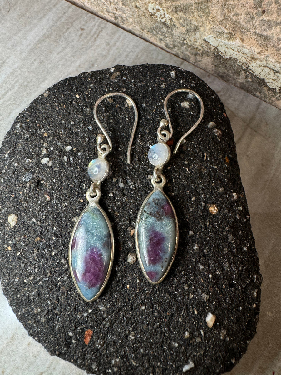 Moonstone + Ruby in Ziolite Earrings