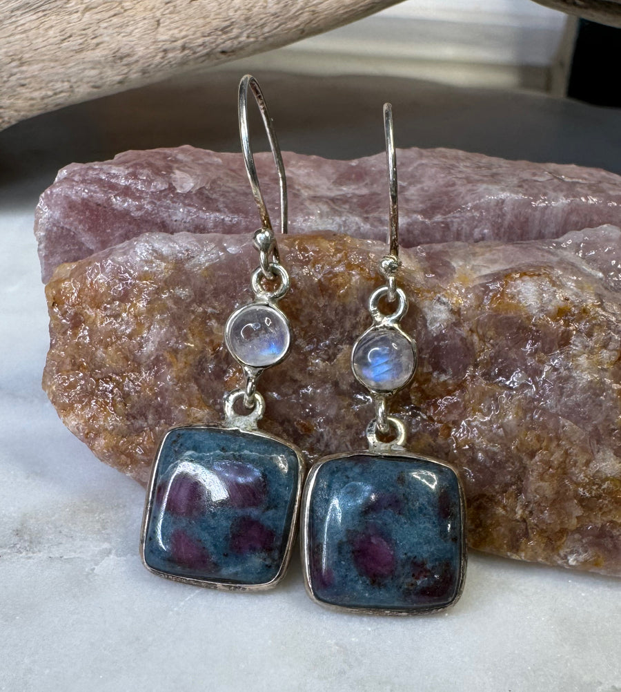 Moonstone + Ruby in Ziolite Earrings