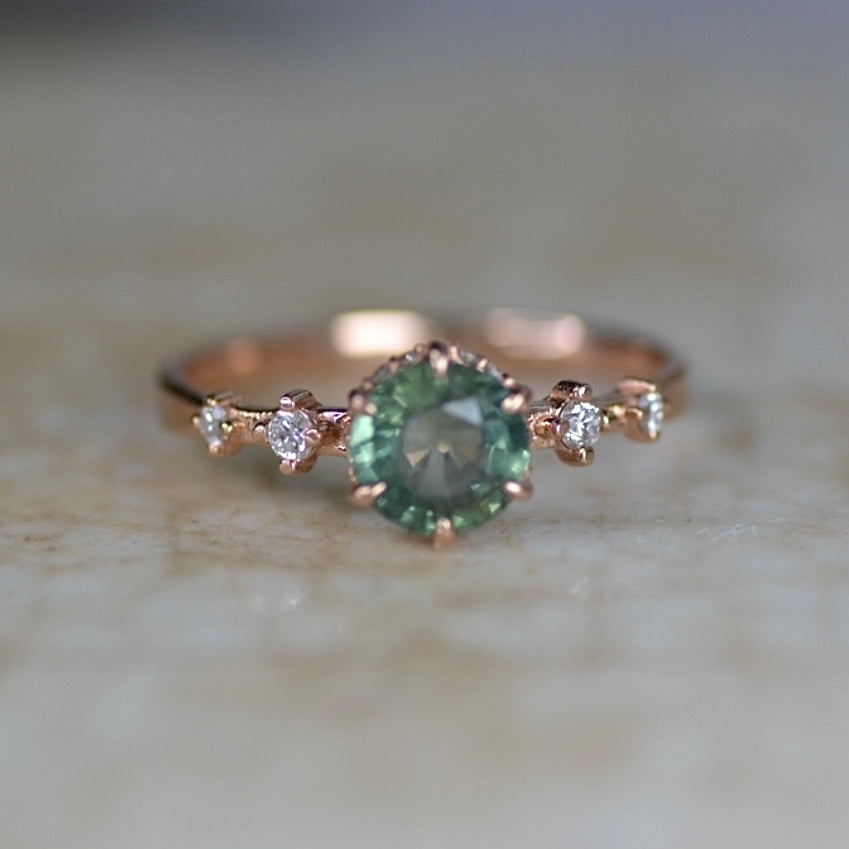 Greenish Teal Sapphire Asteria Engagement Ring / Ready to Ship