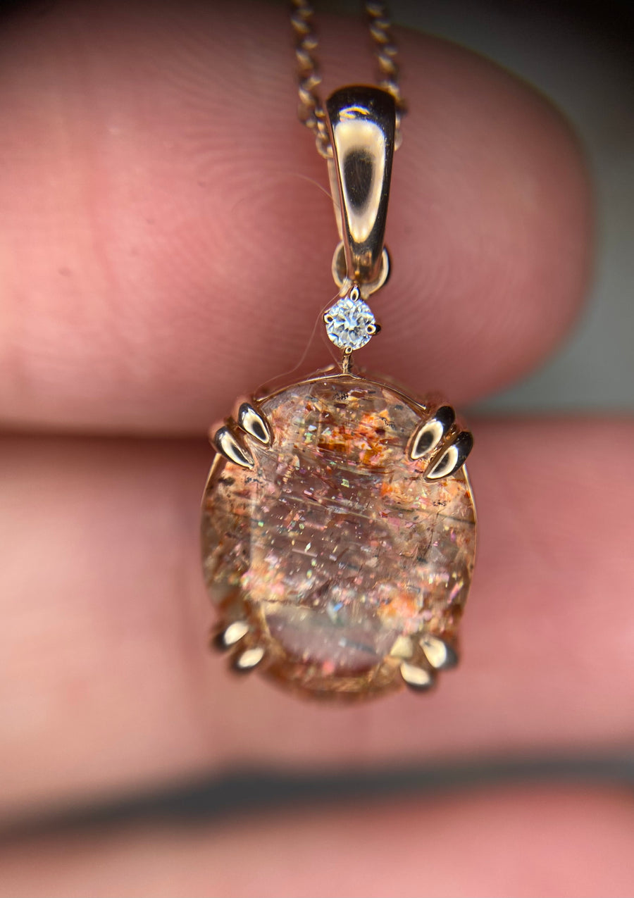 Large Rainbow Sunstone Diamond Pendant *discounted*