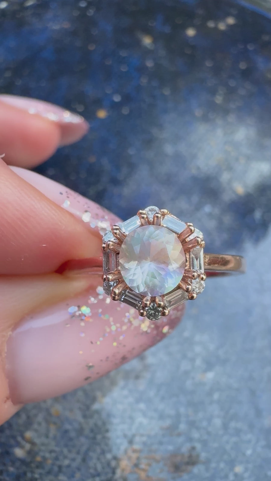 20% OFF / One of a Kind / Rainbow Moonstone Diamond Halo Baguette Ring