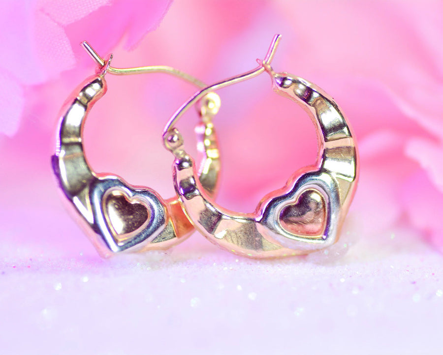 14K Tri-Colored Gold Heart Hoops