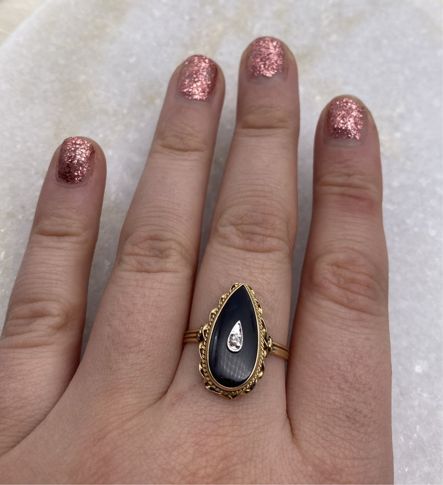 Vintage Onyx Pear Ring - Size 8.5